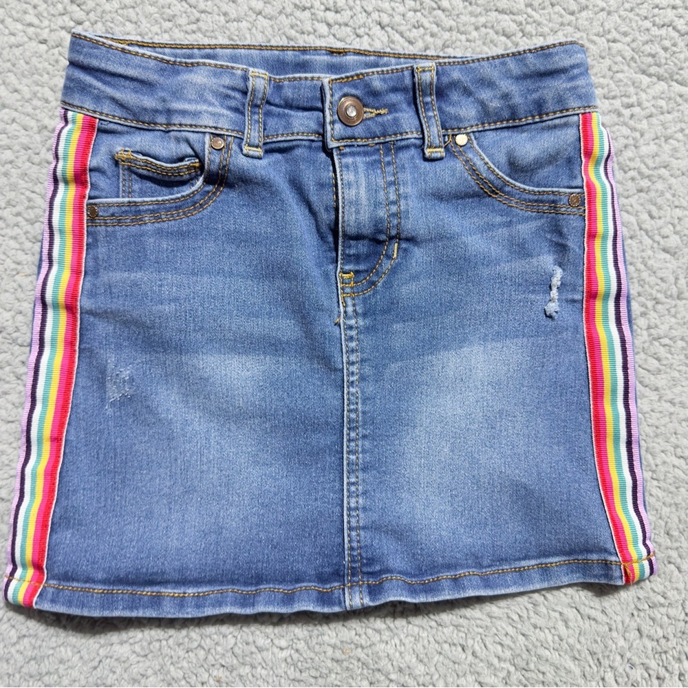 👉 Wonder Nation Girls Size S (6-6X) Rainbow Side Stripe Denim Skirt Blue